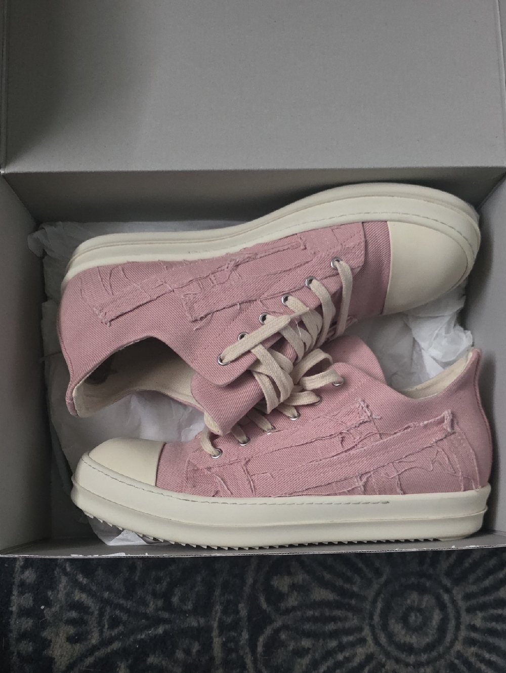 Rick Owens Pink Canvas Low-Top Sneakers with Cream Trim